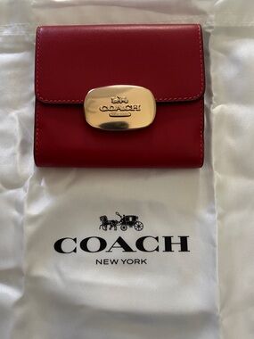 Coach Red Leather Compact Wallet with Gold Hardware